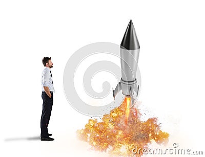 Startup of a new company with starting rocket. Concept of business growth Stock Photo