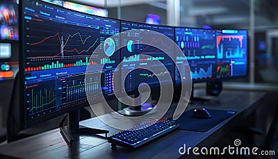 Startup presentation featuring data visualization with charts and graphs on a sizeable screen Stock Photo