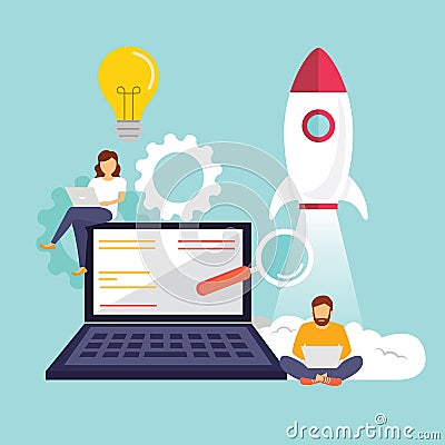 Startup, programmer, business project, idea, project management. Flat design vector illustration. - Vector Cartoon Illustration