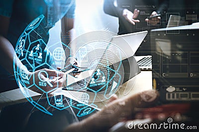 StartUp Programming Team. Website designer working digital table Stock Photo
