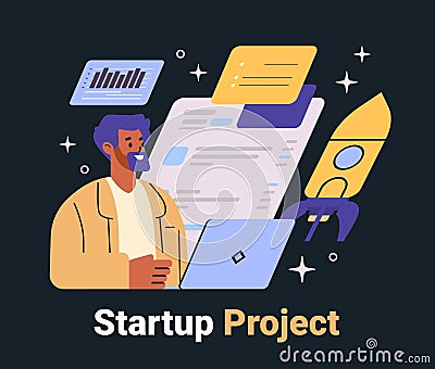 Startup project business concept man working computer rocket charts documents dark background website mobile app Vector Illustration
