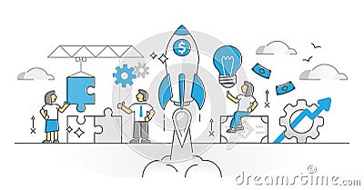 Startup project launch and innovative business idea monocolor outline concept Vector Illustration