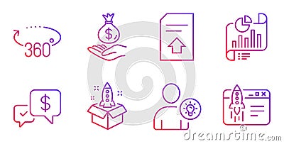 Startup, Report document and 360 degrees icons set. User idea, Upload file and Payment received signs. Vector Vector Illustration