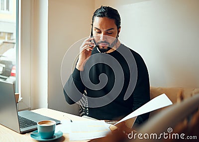 Startup, research or business man for phone call in coffee shop for corporate planning, life insurance or networking Editorial Stock Photo