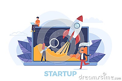 Startup. Rocket launch metaphor, people presentation new business project start up on laptop, development products Vector Illustration