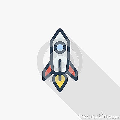 Startup, rocket launch thin line flat color icon. Linear vector symbol. Colorful long shadow design. Vector Illustration