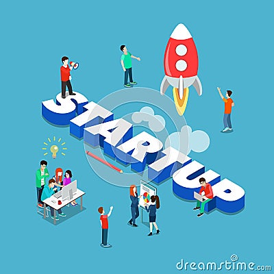 Startup spaceship launch flat 3d isometric big word concept vector Vector Illustration