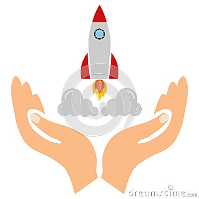 A startup, a startup icon, a rocket takes off from the hands of a man. Vector Illustration