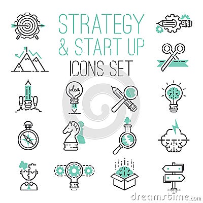 Startup strategy outline web business icon set websites ui finance start up vector symbols. Vector Illustration