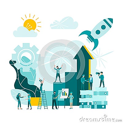 Startup, teamwork, rocket flying up, business progress Vector Illustration