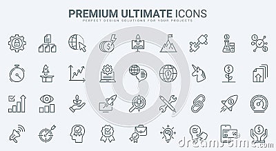Startup technology, project development thin line icons set, success solution analysis Vector Illustration