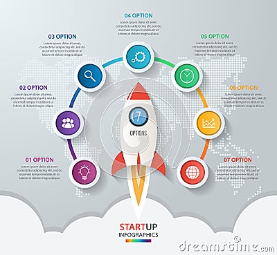 Startup vector circle infographics with rocket launch Vector Illustration