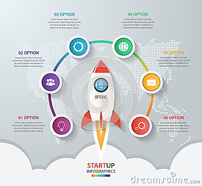 Startup vector circle infographics with rocket launch Vector Illustration