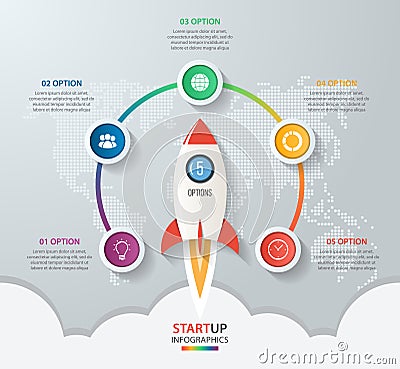 Startup vector circle infographics with rocket launch Vector Illustration