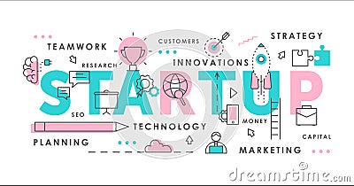 Startup word abstract thin line vector illustration with launch rocket, business new idea creative innovative symbols Vector Illustration