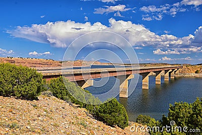 Starvation State Park Reservoir Late Summer early Fall panorama of lake around bridge with rain clouds near Duchesne on US Highway Stock Photo