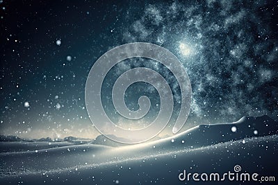 Stary Night Sky with Galaxy Over Snowy Landscape Stock Photo