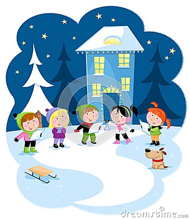 Stary winter night - Children singing Christmas Carols Cartoon Illustration