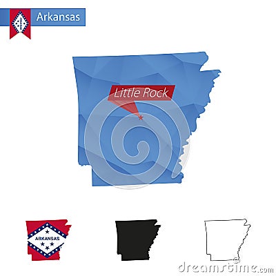 State of Arkansas blue Low Poly map with capital Little Rock Vector Illustration