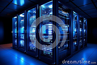 State of the art modern data center with neatly organized server racks emitting soft blue glow Stock Photo