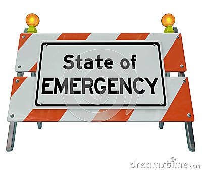 State of Emergency Words Road Construction Barricade Warning Sign Stock Photo