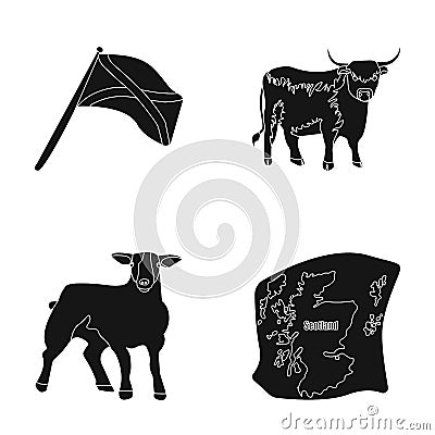 The state flag of Andreev, Scotland, the bull, the sheep, the map of Scotland. Scotland set collection icons in black Vector Illustration