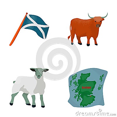 The state flag of Andreev, Scotland, the bull, the sheep, the map of Scotland. Scotland set collection icons in cartoon Vector Illustration