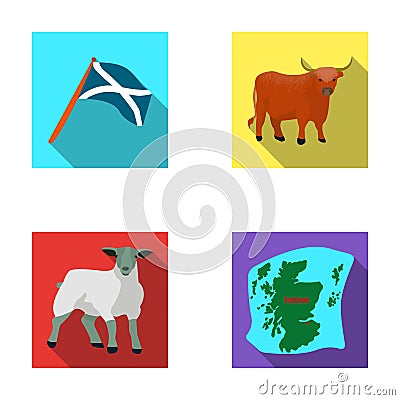 The state flag of Andreev, Scotland, the bull, the sheep, the map of Scotland. Scotland set collection icons in flat Vector Illustration