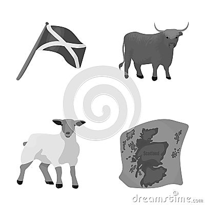 The state flag of Andreev, Scotland, the bull, the sheep, the map of Scotland. Scotland set collection icons in Vector Illustration
