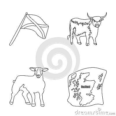 The state flag of Andreev, Scotland, the bull, the sheep, the map of Scotland. Scotland set collection icons in outline Vector Illustration