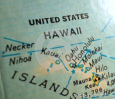 State of Hawaii map USA focus macro shot on globe for travel blogs, social media, web banners and backgrounds. Stock Photo