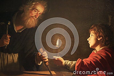 Gerrit van Honthorst. Childhood of Christ, circa 1620. Fragment: Joseph and Jesus. The collection of the Hermitage Editorial Stock Photo