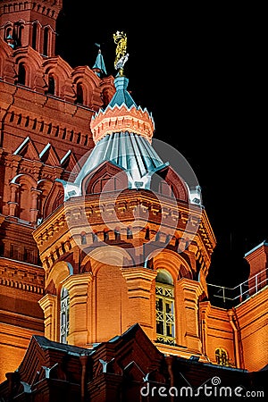 State Historical Museum building fragment on Red Square in Moscow at night Stock Photo