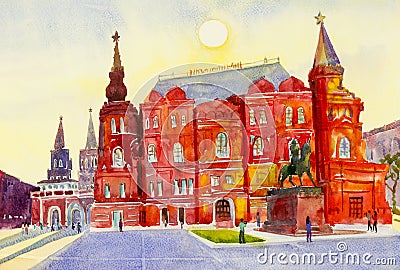 State Historical Museum on Red Square in Moscow, Russia. Cartoon Illustration