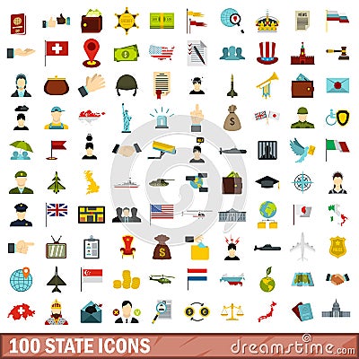 100 state icons set, flat style Vector Illustration
