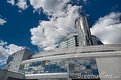 State Institution `National Library Of Belarus`, Futuristic Back View With Reflections Of Blue Sky And White Clouds. One Of The M Stock Photo