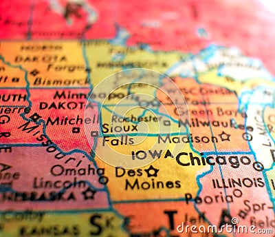 State of Iowa USA focus macro shot on globe map for travel blogs, social media, web banners and backgrounds. Stock Photo