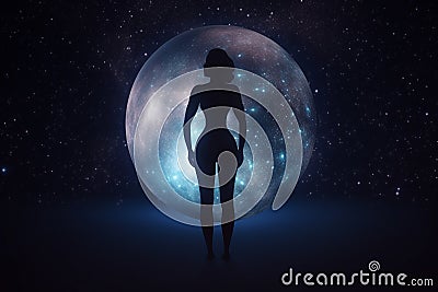 State of mind, birth, meditation concept. Woman, sphere and space. Generative AI Stock Photo