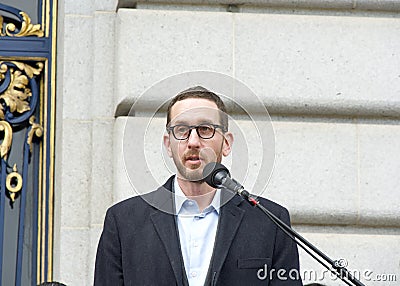 State Senator Scott Wiener speaking at an Affordable Housing Press Conference in front of City Hall Editorial Stock Photo