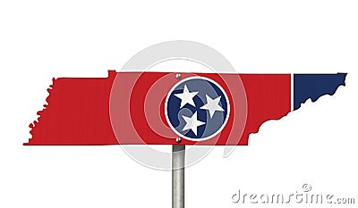 State of Tennessee road sign in the shape of the state map with the flag Stock Photo