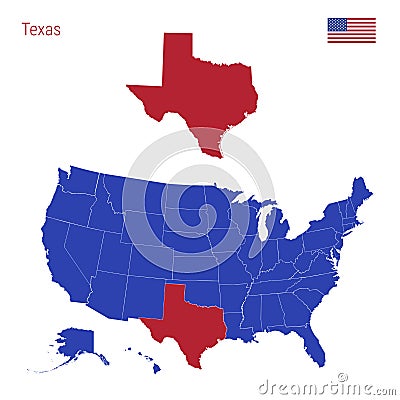 The State of Texas is Highlighted in Red. Vector Map of the United States Divided into Separate States. Vector Illustration