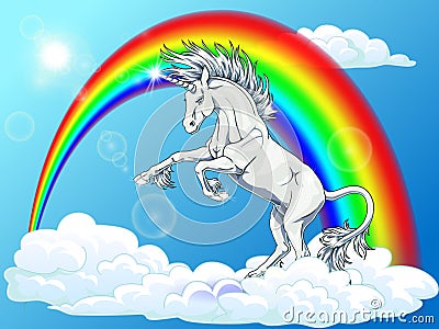 State white unicorn on rainbow and blue Vector Illustration