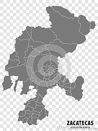 State Zacatecas of Mexico map on transparent background. Blank map of Zacatecas with regions in gray for your web site design, lo Vector Illustration