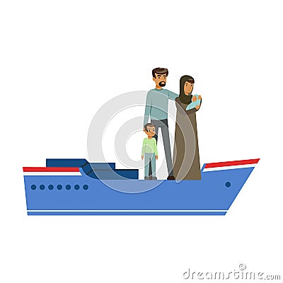 Stateless refugee family on a boat, illegal migration, war victims concept vector Illustration Vector Illustration