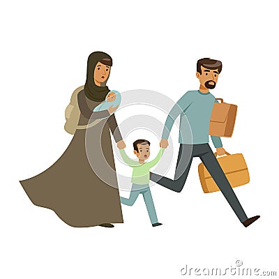 Stateless refugee family escaping from war with their little kids, war victims concept vector Illustration Vector Illustration