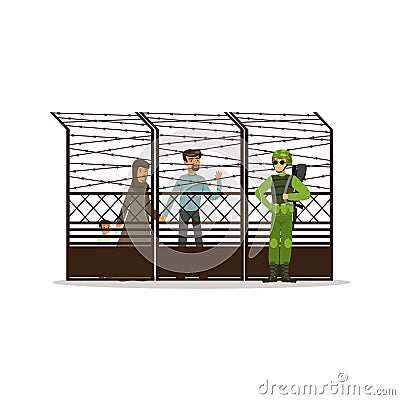 Stateless refugee family facing the barbed wire fence, refugee camp, war victims concept vector Illustration Vector Illustration