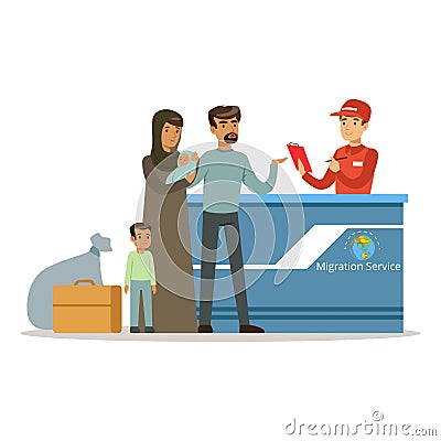 Stateless refugee family in the migration service, social assistance for refugees vector Illustration Vector Illustration