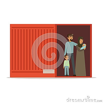 Stateless refugee family standing in cargo container, illegal migration, war victims concept vector Illustration Vector Illustration