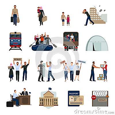 Stateless Refugees Flat Icons Set Vector Illustration