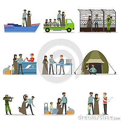 Stateless refugees set. Illigal immigrants and war victims vector illustrations Vector Illustration